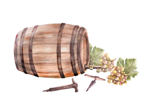 Wine barrel and winemaking accessories, corkscrew, taps, bunches of grapes, grapevine. Watercolor hand draw Illustration isolated on white background for your label winemaking print, menu, wine list.