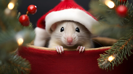 Fototapeta na wymiar Christmas Rat in Santa Hat Festive Holiday Animal