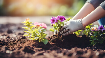 Hands Planting Flowers in Soil Gardening Hobby Concept