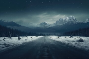 Fototapeta premium A winter highway with forest covered by heavy snow. Winter seasonal concept.