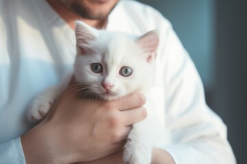 Little fluffy kitten at veterinarian's medical examination. Pet health closeup concept. Sick animal in veterinary clinic. Vet stroking domestic cat before procedure