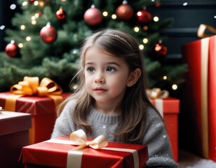 Fototapeta na wymiar little girl rejoices at New Year's gifts, Christmas mood, New Year's background. Generated AI