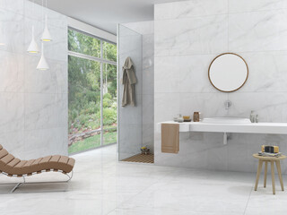 A lavish bathroom with glossy white marble, basin and round classy mirror above it, hanging bathrobe next to a window, and a sophisticated light fixture and tiny table with toiletries. 3D  - obrazy, fototapety, plakaty