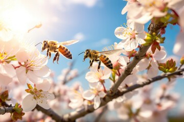 Close-up view of bees flying in beautiful blooming cherry blossom woods in Spring. Spring seasonal concept.