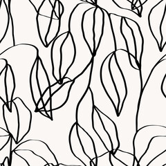 Hand drawn botanical seamless pattern set. Trendy ink  line art wallpaper. Modern design for paper, cover, fabric, interior decor.