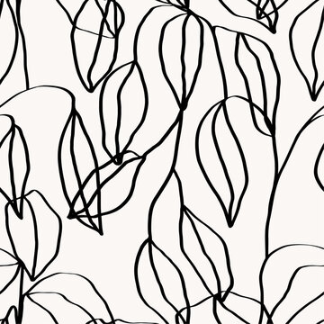 Hand drawn botanical seamless pattern set. Trendy ink  line art wallpaper. Modern design for paper, cover, fabric, interior decor.