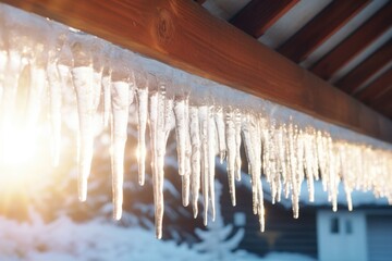 Close-up view of icicle under roof in winter. Winter seasonal concept.