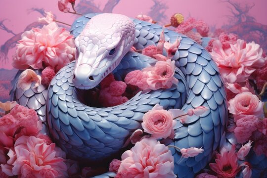 Mystic blue snakes and rose flowers on pink background with floral pattern. King snake wrapping around colorful flowers. Floral illustration in vintage style. Exotic pet portrait