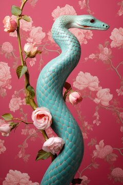 Mystic blue snakes and rose flowers on pink background with floral pattern. King snake wrapping around colorful flowers. Floral illustration in vintage style. Exotic pet portrait