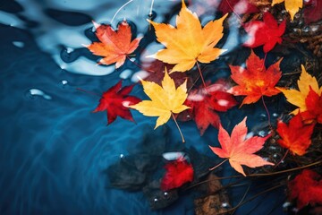 Close-up view of colorful Autumn tree leaves in water. Autumn seasonal concept.
