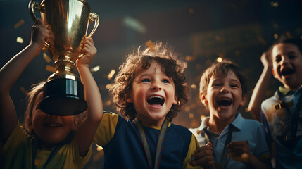 Happy kids with medals and trophy cup smiling, and looking at camera