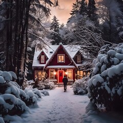 Wooden house in the forest in winter. Christmas and New Year concept.