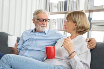 A simple day of a retired couple. Mature couple sitting in the living room and drink coffee.