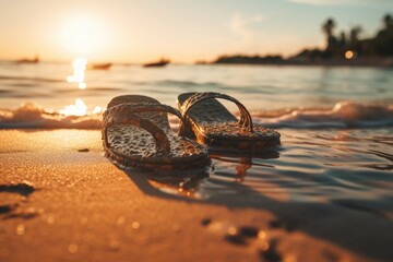 Close-up view of a pair of sandals with sunset sea water at sand beach. Summer tropical vacation concept. - obrazy, fototapety, plakaty