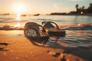 Foto op Plexiglas Close-up view of a pair of sandals with sunset sea water at sand beach. Summer tropical vacation concept. © rabbit75_fot