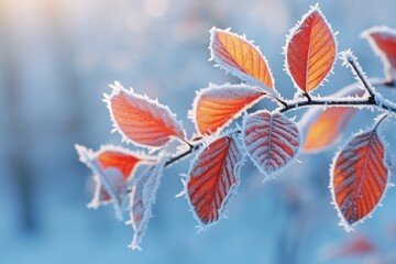 Close-up view of Autumn colorful tree leaves with frost of early Winter. Autumn seasonal concept.