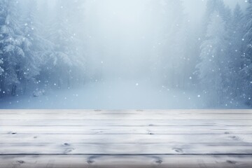Wood table and freezing snowing forest winter background. Winter seasonal concept.
