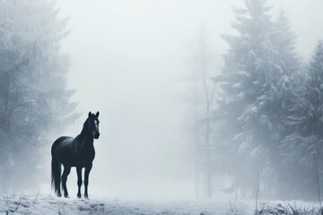A horse stand in foggy winter woods with snow.