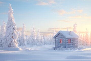 A cabin at sunrise in winter forest covered by heavy snow and ice. Winter seasonal concept.