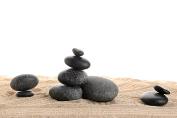 Zen stones on sand isolated on a white background. Zen concept.