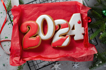 Box of Gingerbread Cookies, Set of Christmas Treats on Bright Background