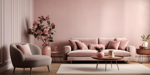Elegant Pink Sofa Steals the Spotlight in a Sunlit Living Room, Pink, Sofa, Living Room, Copy Space, Sunny Shadows,Contemporary Pink Sofa Adds Warmth to Your Living Space