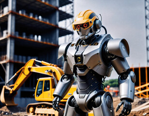 humanoid robot cyborg in a mechanical suit against the background of a construction site. Generated AI