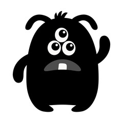 Happy Halloween. Black monster silhouette face head icon. Cute cartoon kawaii scary funny smiling baby character. Three eyes, tooth fang, ears, hands. Flat design. White background.