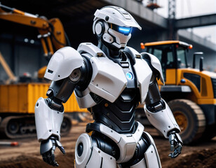 humanoid robot cyborg in a mechanical suit against the background of a construction site. Generated AI