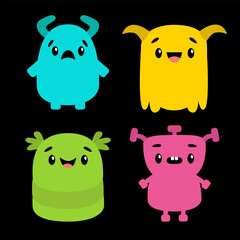 Happy Halloween. Cute monster set. Colorful silhouette monsters. Different emotions. Cartoon kawaii funny boo baby character. Face with horns, teeth, eyes. Black background. Flat design.