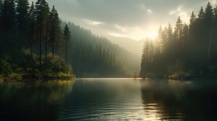 Foggy mountain and forest lake