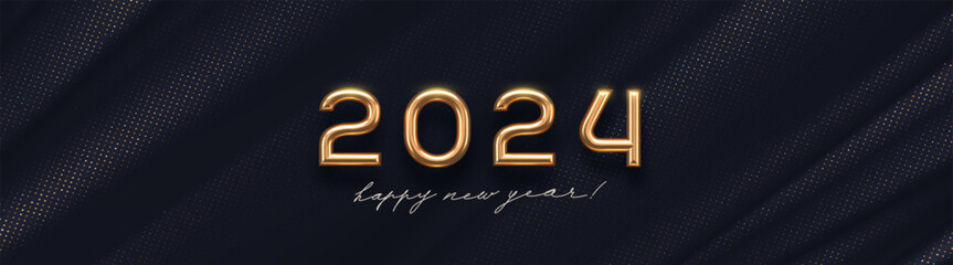 2024 new year golden logo on abstract black textile background. Greeting design with realistic gold metal number of year. Design for greeting card, invitation, calendar, etc.