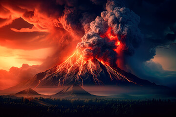 Red glowing lava flows from a volcano .Volcano eruption, flowing magma, dangerous clouds and dark environment.