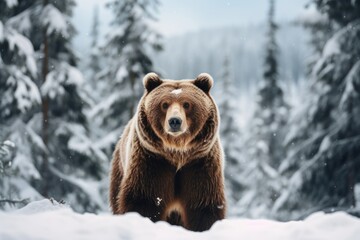 Obraz premium Grizzly bear stand in wild in Winter forest with snow.