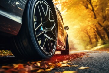 Car driving in Autumn woods with beautiful Fall foliage colors. Autumn seasonal concept.