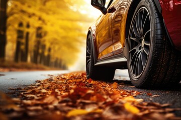 Car driving in Autumn woods with beautiful Fall foliage colors. Autumn seasonal concept.