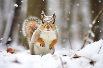 Fototapeta premium Close-up view of a squirrel in forest with snow in Winter.
