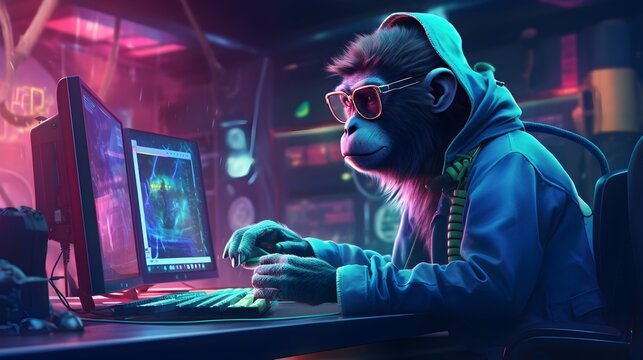 Cyber Monkey Work With Computer Illustration