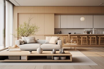 Asian modern interior living room with kitchen in beige color for relax. Modern interior. Japan style.