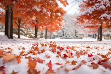 Close-up view of Autumn colorful tree leaves with snow of early Winter. Autumn seasonal concept.