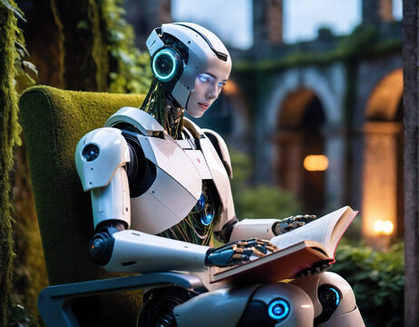 a humanoid cyborg with a beautiful face reads a book surrounded by the walls of an ancient city. Generated AI