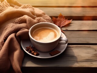 Obraz premium A cup of hot steaming coffee with a scarf and Autumn maple tree leaf on wooden table. Autumn seasonal concept.