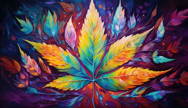 Tło z kolorowym liściem marihuany. 