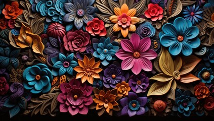 Florystyczna tekstura złożona z kwiatów i liści.  - obrazy, fototapety, plakaty
