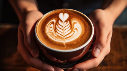 Hands holding a cappuccino cup