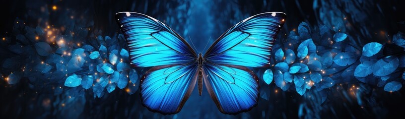 Piękny niebieski motyl na kolorowych kwiatach. 
