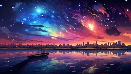 Krajobraz miasta z kolorowymi światłami na nocnym niebie.  - obrazy, fototapety, plakaty