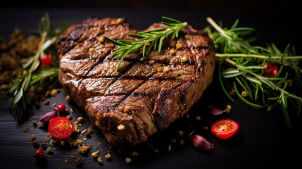 Grilled beef steak in shape of heart for Valentines day on a black background top view with copy space - obrazy, fototapety, plakaty
