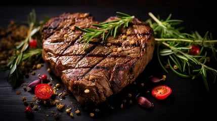 Tuinposter Grilled beef steak in shape of heart for Valentines day on a black background top view with copy space © petrrgoskov