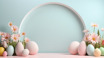 Easter greeting with product podium, pastel Easter eggs, spring flowers. Promotional Poster for an Easter Shopping Spree.